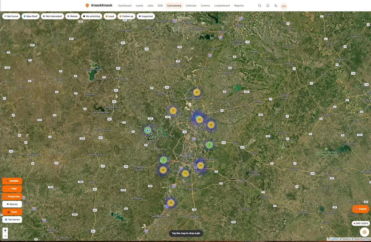 KnockKnockGO! manager map showing clusters of knocked doors across a metro, with disposition filters along the top