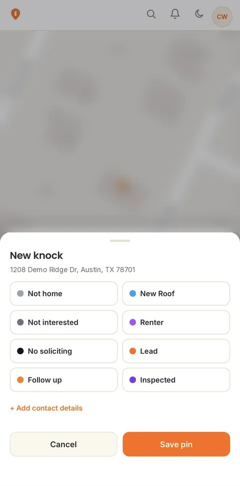 KnockKnockGO! phone app dropping a pin with one-tap dispositions