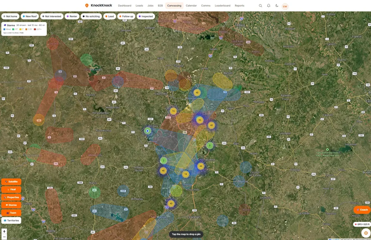 KnockKnockGO! canvassing map with 12 months of hail and wind swaths colored by hail size, and clusters of knocked doors