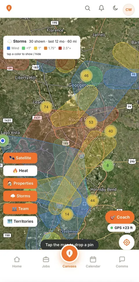 KnockKnockGO! phone app showing storm swaths and door-knock clusters on a satellite map